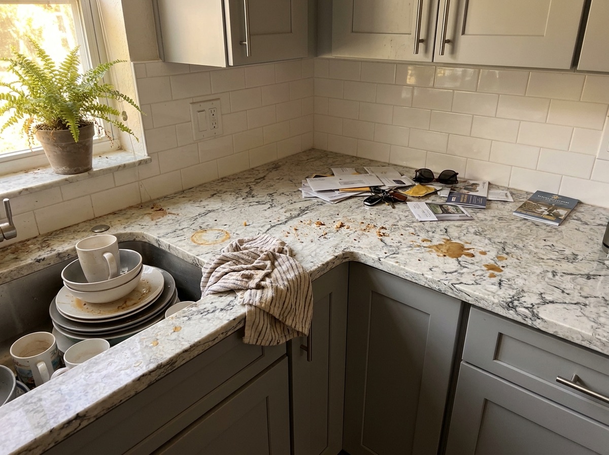 Cluttered, dusty kitchen counter before an Integra Cleaning visit